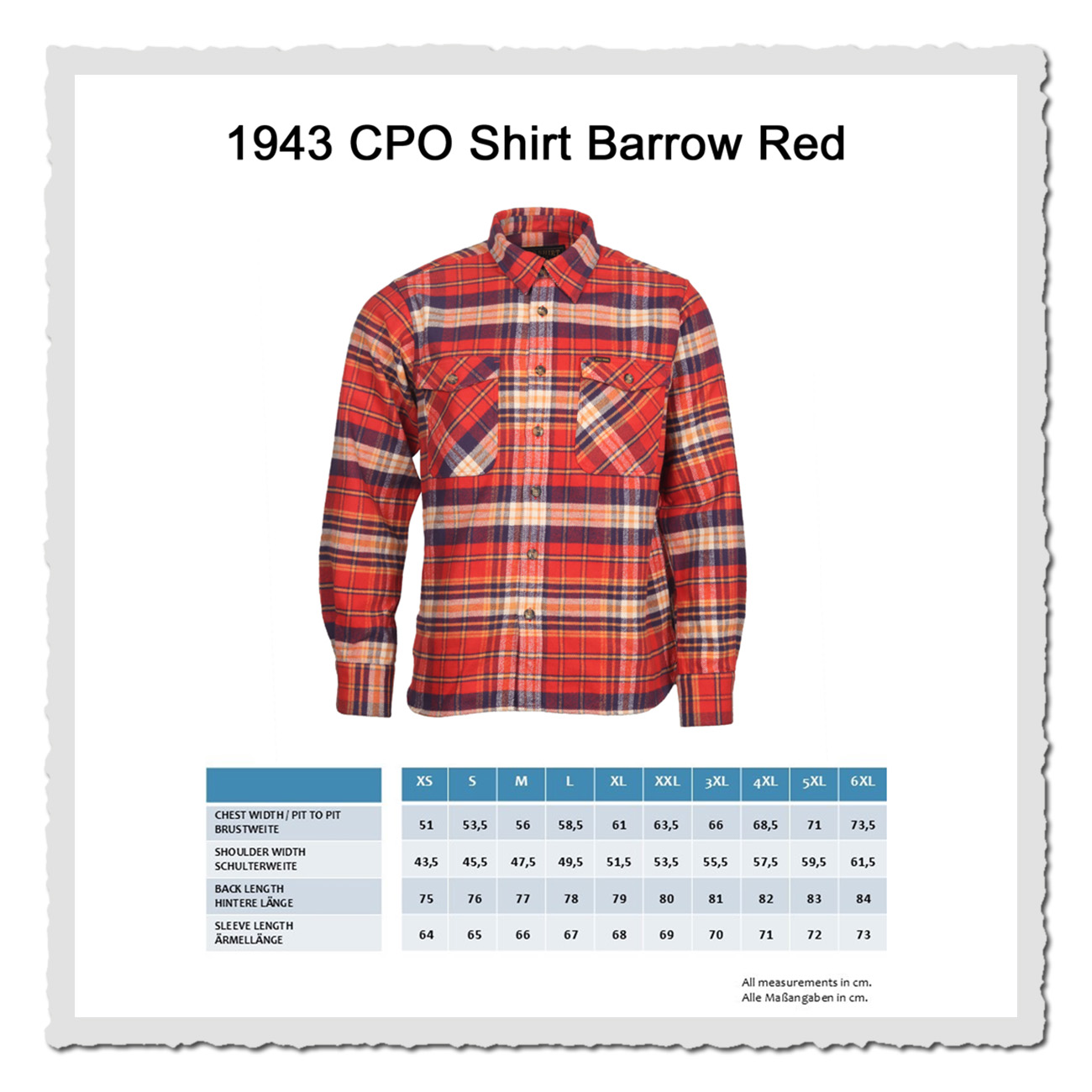 Pike Brothers 1943 CPO Shirt Barrow Red Masstabelle Pike Brothers 1943 CPO Shirt – Masstabelle zum kariertes Workwear-Hemd in Barrow Red